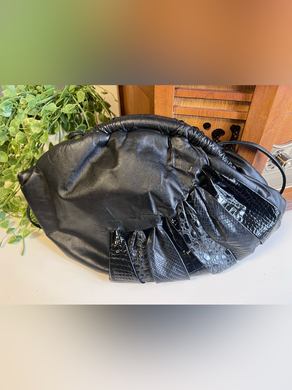 Vintage 80s/90s Black Ruched Slouch Crescent Handbag Croc Snakeskin Patchwork